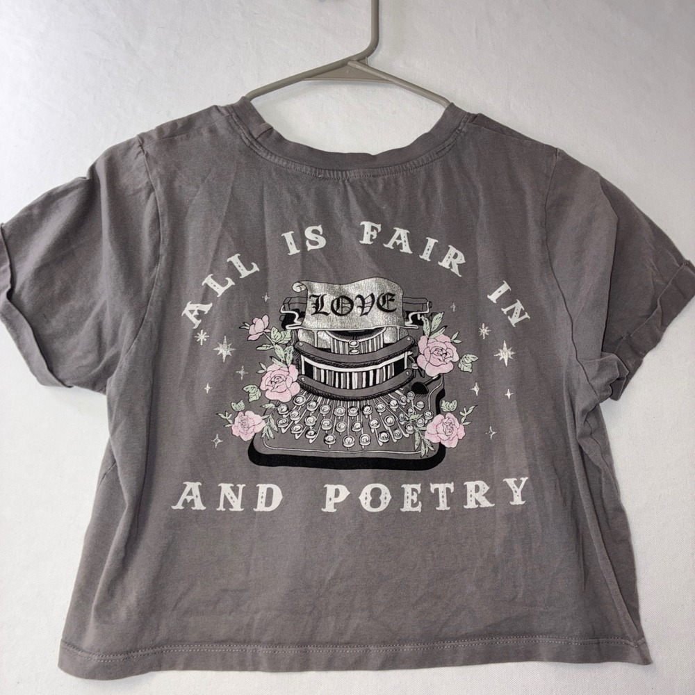 487 Dark Academia Love & Lazy Days Crop Top XS Grey Typewriter Graphic Tee